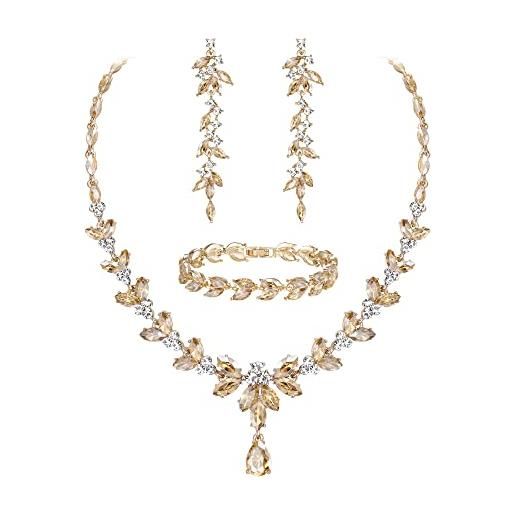 EVER FAITH set di gioielli da damigella in cristallo austriaco, collana con foglie di strass marquise, orecchini pendenti e bracciale da tennis marrone oro fondo