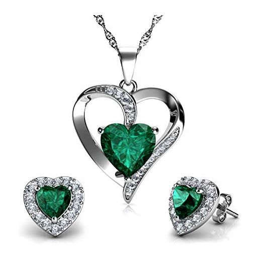 DEPHINI - set di gioielli verde - forma di doppio cuore collana e orecchini - con zirconia cubica - collana argento donna 925 - idea regalo per donne e ragazze