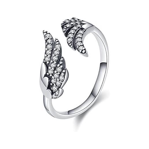 Friggem donna anello aperto regolabile argento sterling 925 anello ali d'angelo, anello piume, zirconia cubica gioielli regalo per donne ragazze mamma