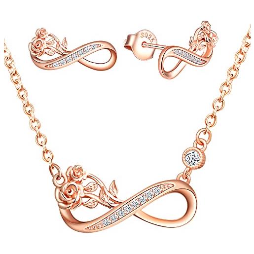 INFINIONLY collana orecchini da donna, parure di gioielli in argento 925, ciondolo orecchini di simbolo infinito, collana orecchini simbolo infinito con fiore di rosa, zircone intarsiato, oro rosa