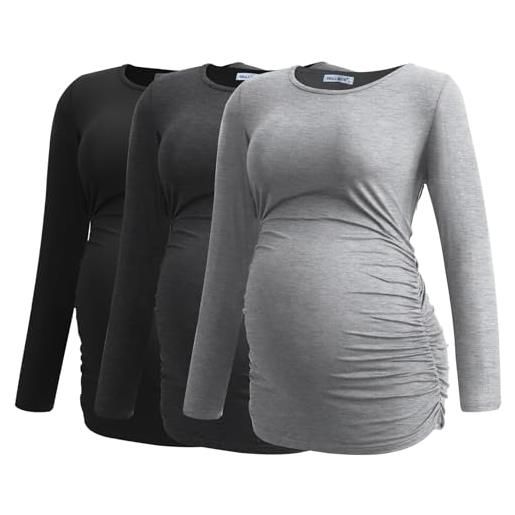 Smallshow maglia premaman donna maniche lunghe magliette gravidanza pacco da 3, deep grey-teal-light grey stripe, m