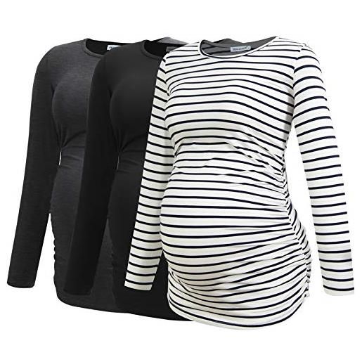 Smallshow maglia premaman donna maniche lunghe magliette gravidanza pacco da 3, black-navy-wine, 2xl