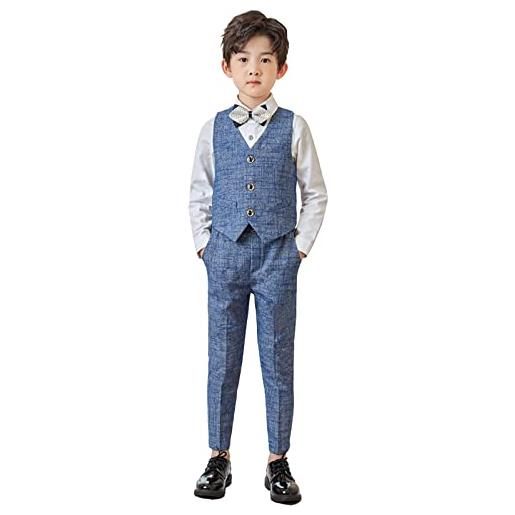 LOLANTA set 4 pezzi panciotto elegante bambini, abito bambino cerimonia, gilet camicia pantaloni papillon(13-14 anni, blu, tag 170)