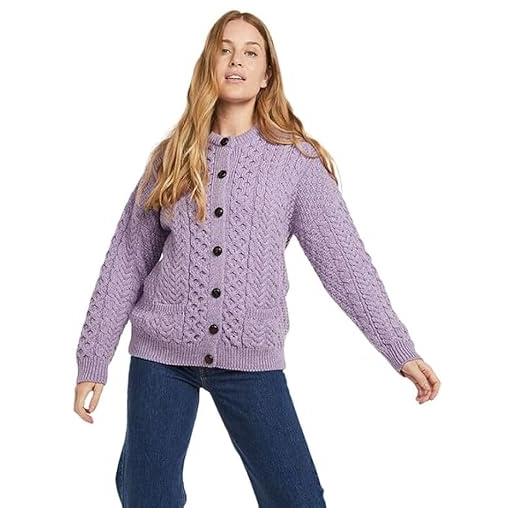 Aran Woollen Mills maglione da donna aran lumber a manica lunga con tasche, lilla