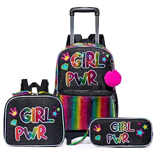 Egchescebo zaino trolley scuola elementare bambina ruote regoli da viaggio carrello porta per la bimba ragazza rimovibile gatto di pelle seven media asilo bambino superiori rotelle 17 3pcs nero