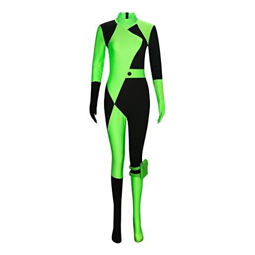 Funhoo donna costume cosplay shego bodysuit jumpsuit tuta con guanti marsupio per gambe vestito verde e nero per halloween party carnival (verde e nero, l)