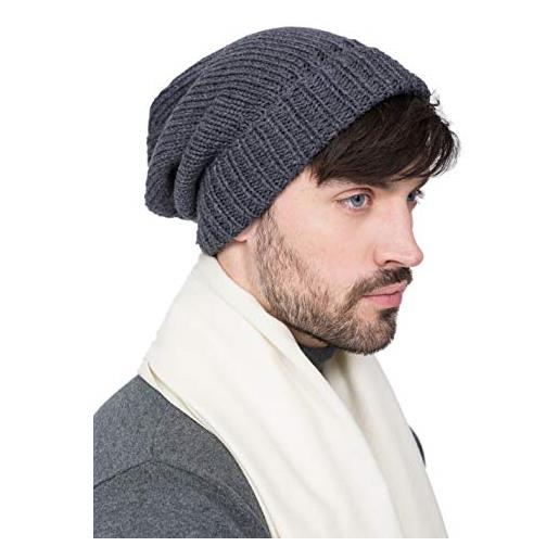 likemary berretto invernale da uomo largo e morbido in 100% pura lana merino lavorata a mano grigio
