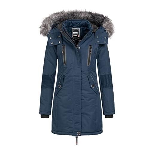 Geographical Norway coraly lady distribrands - cappotto invernale da donna, a maniche lunghe, con colletto in finta pelliccia elegante, alla moda, casual (marino, l)