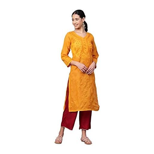 Ada indiano chikankari mano ricamato a mano dritto cotone kurti kurta tunica vestito a100366 senape, senape, 3xl