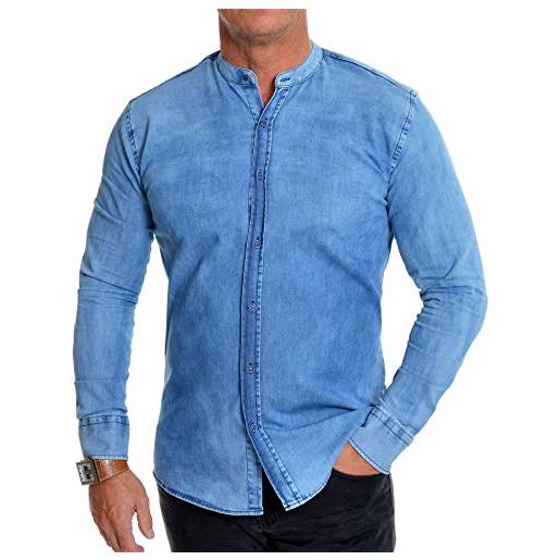 D&R Fashion camicia di jeans da uomo colletto rialzato vestibilità slim blu lavato leggero cotone l