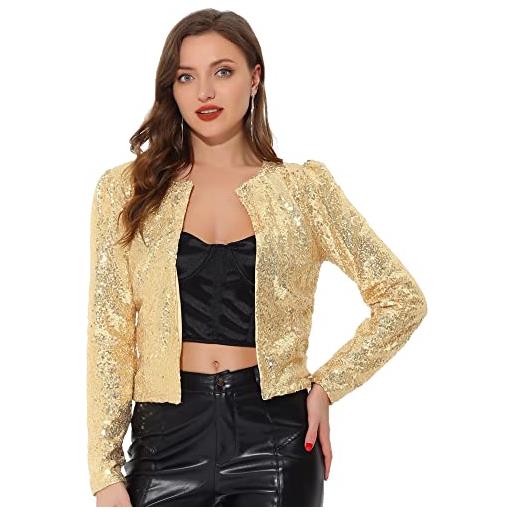 Allegra K giacca da donna crop open front blazer a maniche lunghe con paillettes scintillanti, oro, 40