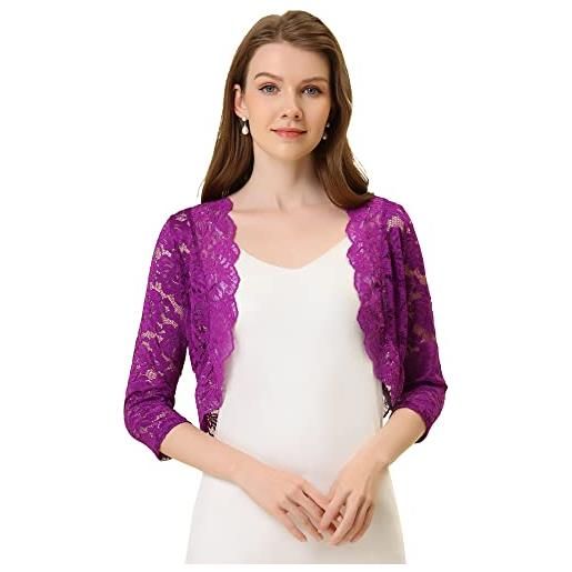 Allegra K - coprispalle da donna, elegante, con maniche a 3/4, in pizzo floreale aperto sul davanti, motivo floreale borgogna 40