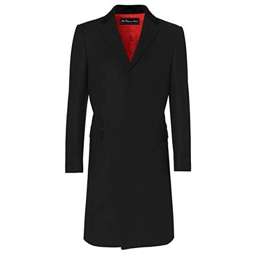 The Platinum Tailor uomo nero cappotto di lana & cashmere covert inverno caldo cappotto mod con velluto collare red satin fodera