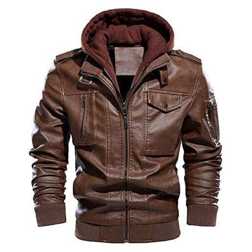 CARWORNIC giacca da uomo in ecopelle invernale calda casual moto bomber cappotto in pelle con cappuccio rimovibile, nero , xxl