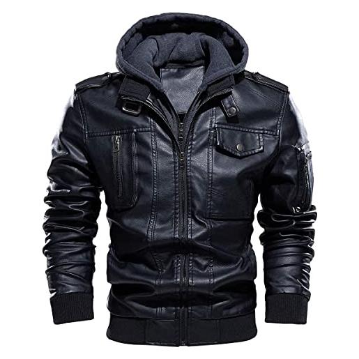 CARWORNIC giacca da uomo in ecopelle invernale calda casual moto bomber cappotto in pelle con cappuccio rimovibile, marrone, xl