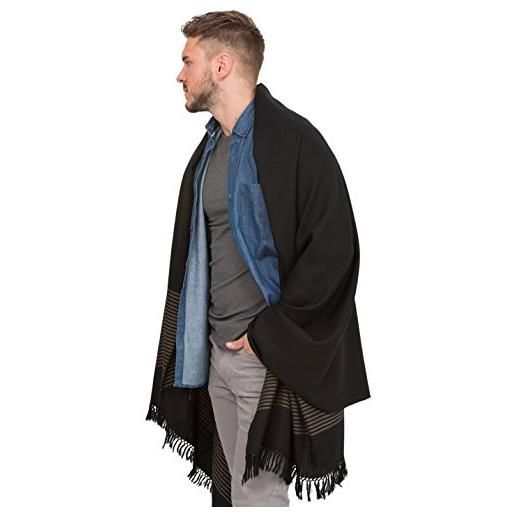 likemary sciarpa oversize, sciarpa scialle da uomo in 100% pura lana merino tessuta a mano, abbigliamento etico, motivo a strisce elegante, scialle da uomo invernale nero & grigio