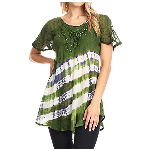 Sakkas 18726 - lulu manica corta summer casual fresh blouse top in pizzo tie-dye e corsetto - verde - os
