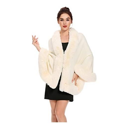 ZLYC scialle invernale da donna in pelliccia sintetica stola mantello avvolgente caldo, beige, etichettalia unica