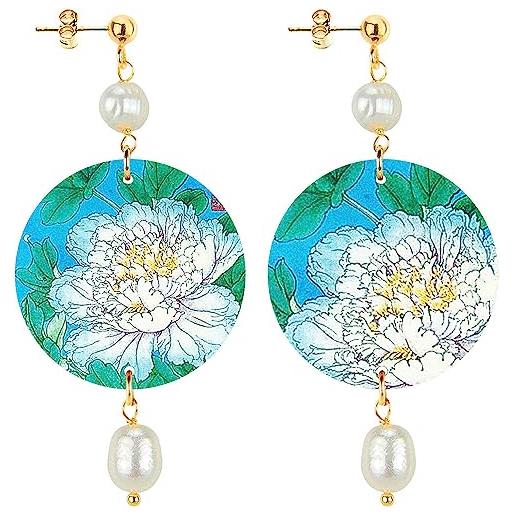 In lebole collezione the circle dpor99 piccoli fiori bianco fondo azzurro orecchini da donna in ottone pietra perla