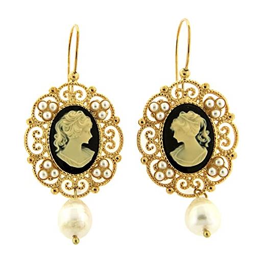 Mokilu' - gioielli - orecchini vintage - donna - ottone dorato 24kt - cammei - perle naturali