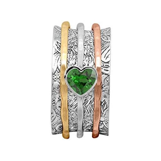 Shine Jewel anello spinner!!La tua fascia di meditazione di scelta, anello di agitarsi con pietre preziose cz verdi a forma di cuore da 5 mm, fascia in argento sterling 925 (doppia fascia argentata, 26)