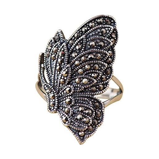 FORFOX anello farfalla in argento sterling 925 vintage con marcasite per donna taglia 20