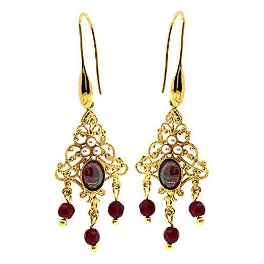 Mokilu' - gioielli - orecchini vintage - donna - ottone dorato 24kt - pietra rossa - perla - granato