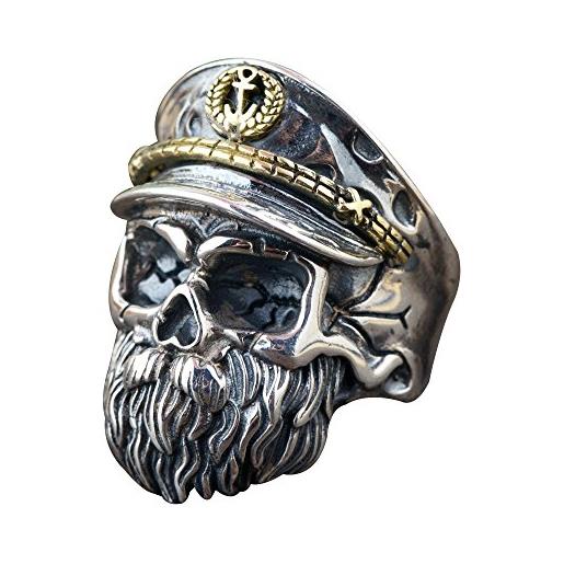 ForFox anello teschio barbuto con il cappello in argento sterling 925 nero per uomo donna regolabile