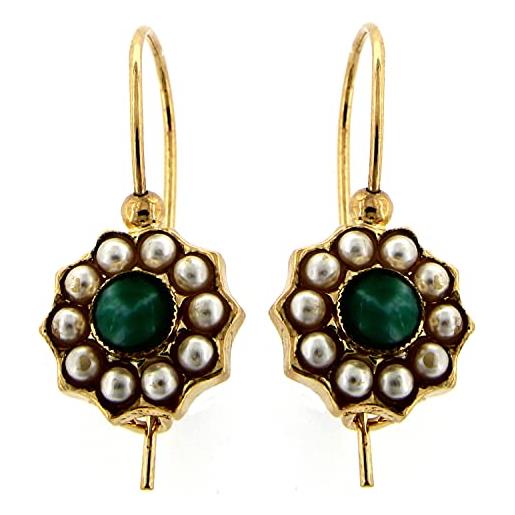 Mokilu' - gioielli - orecchini vintage - donna - ottone dorato 24kt - pietra verde - perle
