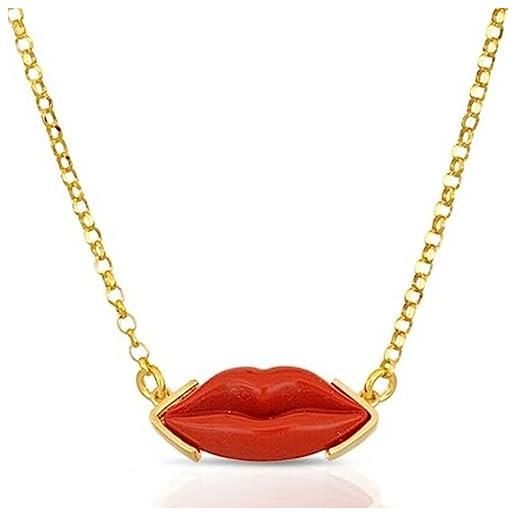 gioiellitaly collana labbra bocca lolita pasta di corallo rosso naturale del mediterraneo montatura in argento 925 dorato con catenina regolabile gioiello artigianale