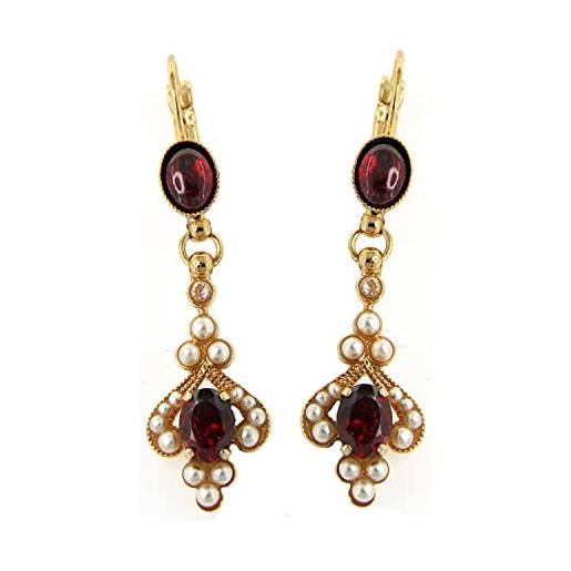 Mokilu' - gioielli - orecchini vintage - donna - ottone dorato 24kt - pietra rossa - granato - perle