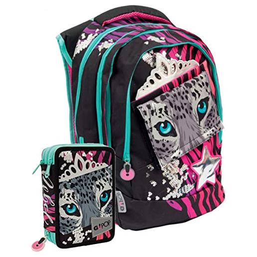 Schoolpack zaino scuola gopop rebel estensibile rotondo 40x30x18 cm + astuccio 3 zip + omaggio portachiavi paillettes e braccialetto amicizia