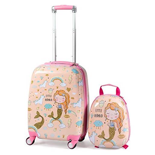 GOPLUS set di 2 pezzi da viaggio, valigia e zaino per bambini, valigetta con 4 ruote, rosa/blu, con disegni multicolore e carini (principessa sirena)
