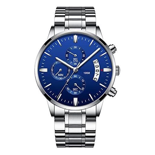 FAMKIT orologio da uomo di lusso, alla moda, in acciaio inox, impermeabile fino a 30 m, analogico, al quarzo, cronografo con datario, elegante orologio da polso da uomo, cinturino in argento + blu, 