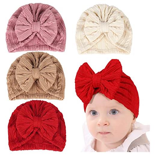 MoreChioce cappello turbante neonato, 4 pezzi cappello elastico in maglia fasce per bambini carino con fiocco turbante elasticizzato elastico cappello neonato fascia berretti