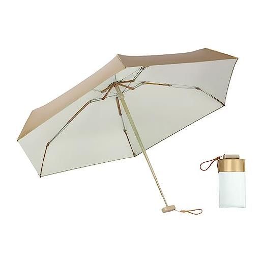 BOUBUI mini ombrello pieghevole, ombrello compatto ultra leggero, impermeabile e protezione uv al 99% , titanio dorato, bianco