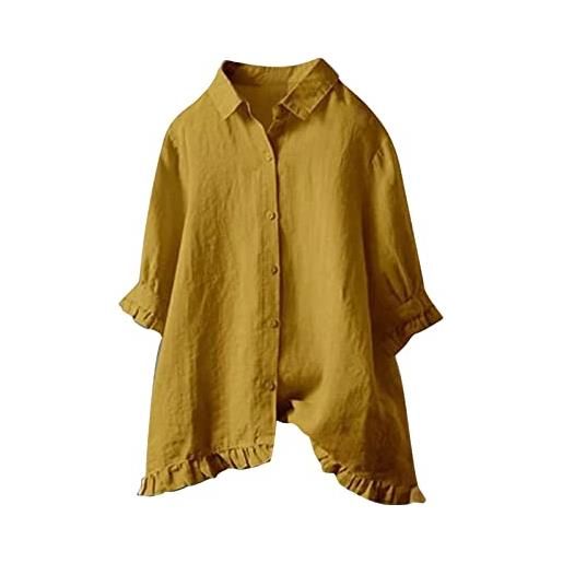 Cuwtheugwg camicia fantasia camicetta abbottonata allentata da donna top con colletto a maniche lunghe camicia da donna casual lunga camicetta da donna in cotone e lino camicia notte xl (yellow, xxxxl)