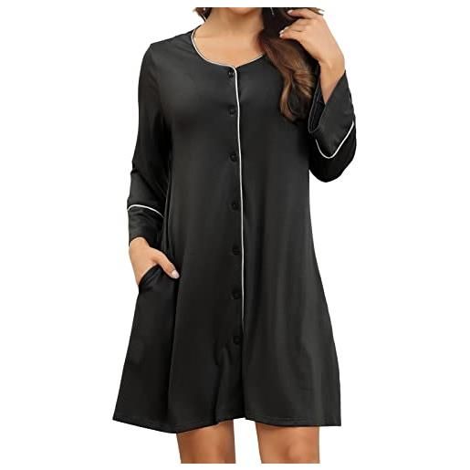 Cocoarm camicia da notte da donna girocollo camicia da notte abbigliamento da notte pigiama abbottonato pigiama manica a 3/4 abito pigiama(m-nero)