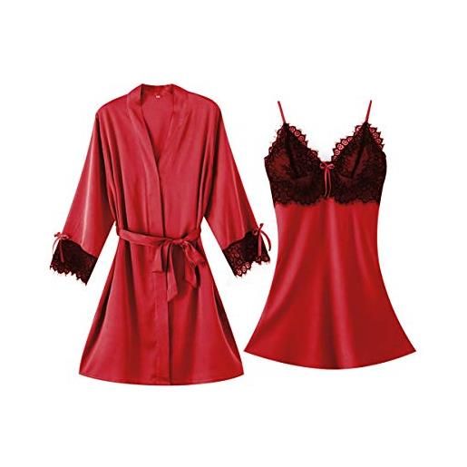 DEBAIJIA donna vestaglia 2 pezzi raso camicia da notte pizzo sexy pigiama kimono scollo v indumenti da notte sleepwear traspirante (rosso-m)