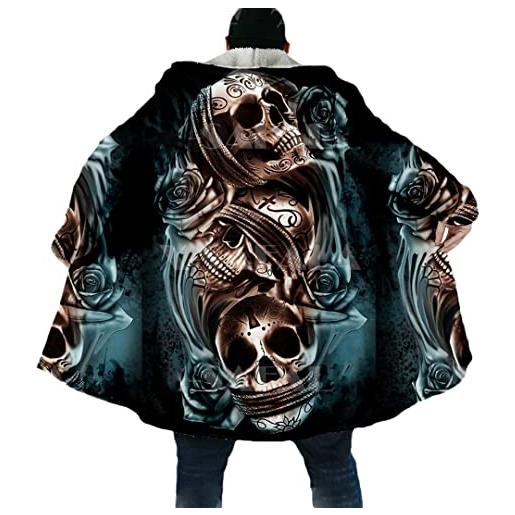 Mkjuuior cappotto psichedelico teschio uomo giacca ispessita termica con cappuccio capo 3d stampato antivento lana cape robe, d5827, xl