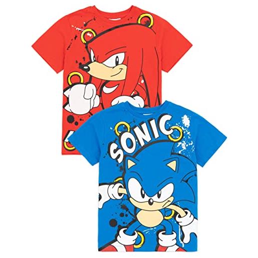 Sonic The Hedgehog t-shirt 2 pack bambini | ragazzi ragazze sonic knuckles gioco film personaggi blu e rosso top | doni di beni per lui lei