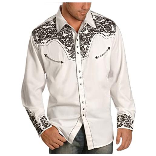 XUSAI camicie da cowboy western vintage da uomo casual camicie a maniche lunghe con perle a scatto, bianca, xxl