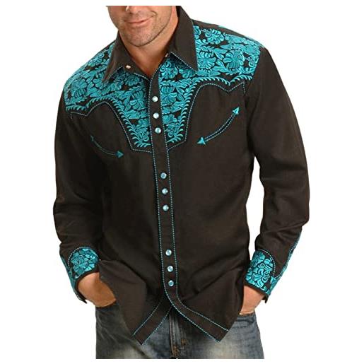 XUSAI camicie da cowboy western vintage da uomo casual camicie a maniche lunghe con perle a scatto, bianca, xxl