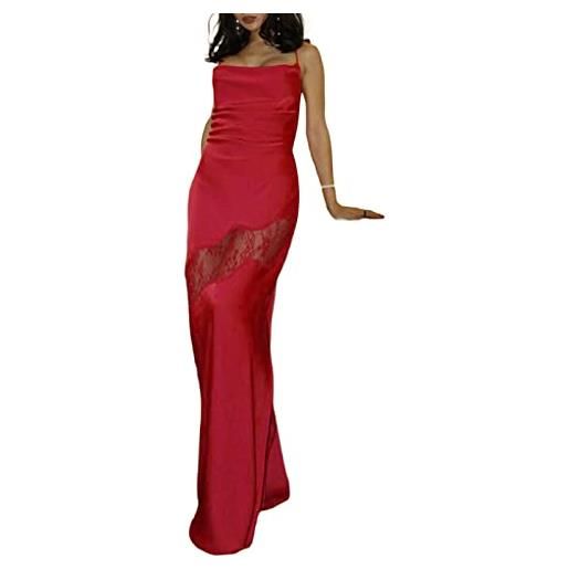 Prreey women's spaghetti strap satin dress evening party cowl neck lace see-through split slit cocktail long dresses (red, s)