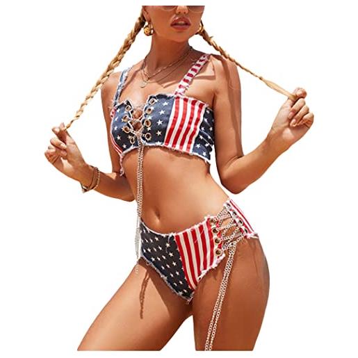 CYGE bikini a 2 pezzi con bandiera americana per donna bikini in denim costume da bagno sexy rosso bianco e blu, american flag, s