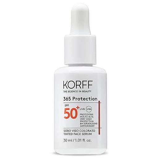 Korff Sole korff 365 protection siero viso colorato spf 50+, protezione solare molto alta, 8h di idratazione, texture fluida e uniformante, resistente all'acqua, senza profumo, confezione da 30 ml