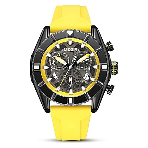 MEGIR orologi sportivi al quarzo da uomo cronografo militare 24 ore luminoso grande faccia con cinturino in silicone, giallo