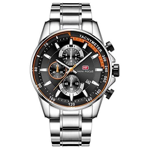 MF MINI FOCUS cronografo orologio al quarzo per gli uomini in acciaio inox link braccialetto moda impermeabile luminoso abito da polso, argento e nero. 