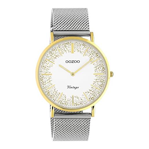 Oozoo orologio vintage da donna con cinturino in metallo, 40 mm, oro/bianco glitter/argento c20135, oro-bianco, groß, bracciale