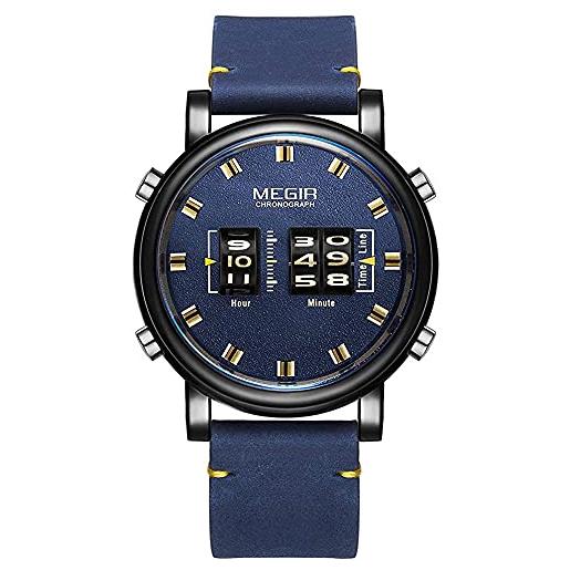 MEGIR nuovo top band orologi uomini sport militare marrone in pelle orologio da polso al quarzo di lusso, blu